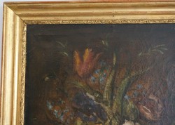 Small Empire Overmantel Miror, Decorated With An Urn And Flowers. empire in guilded wood, oil on canvas, France mid 19th century