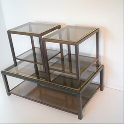 Set: Coffee And Side Tables In The Style Of Willy Rizzo Hollywood regency in brass and bronzed metal and smoked glass, French - Italian 1980