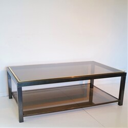 Set: Coffee And Side Tables In The Style Of Willy Rizzo Hollywood regency in brass and bronzed metal and smoked glass, French - Italian 1980