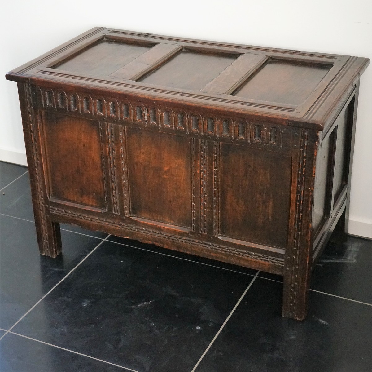 late 17th century A Late 17th Century Small Oak Chest With Nice Panels And Color