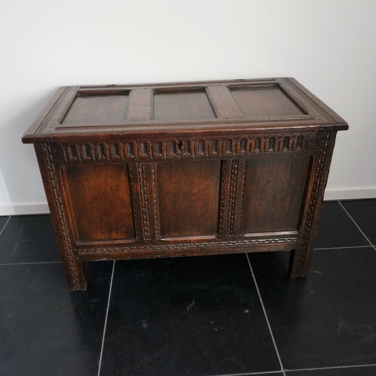 late 17th century A Late 17th Century Small Oak Chest With Nice Panels And Color