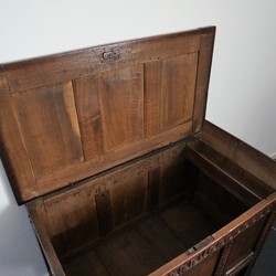 A Late 17th Century Small Oak Chest With Nice Panels And Color late 17th century in oak, England