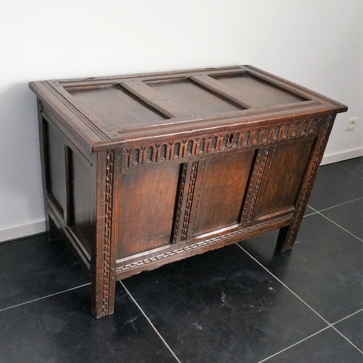 late 17th century A Late 17th Century Small Oak Chest With Nice Panels And Color